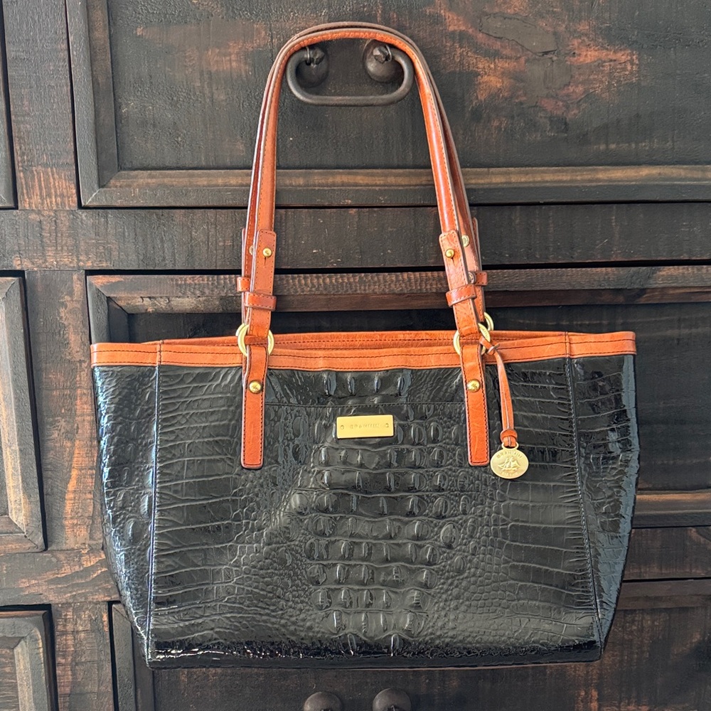 Brahmin Black and Tan Croc-Embossed Tote
